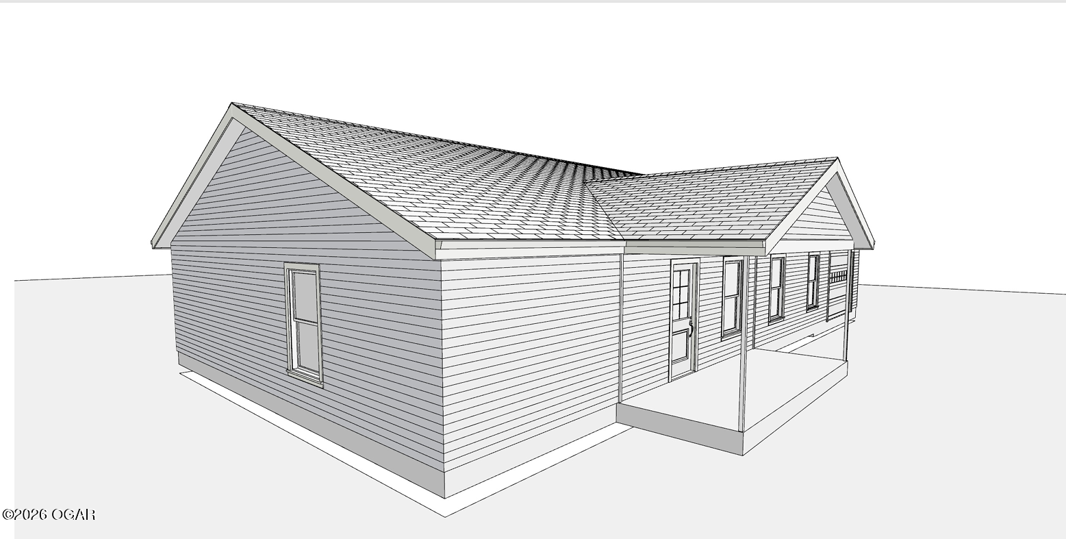 Architectural rendering of a single-story house with a multi-gabled roof and covered porch.