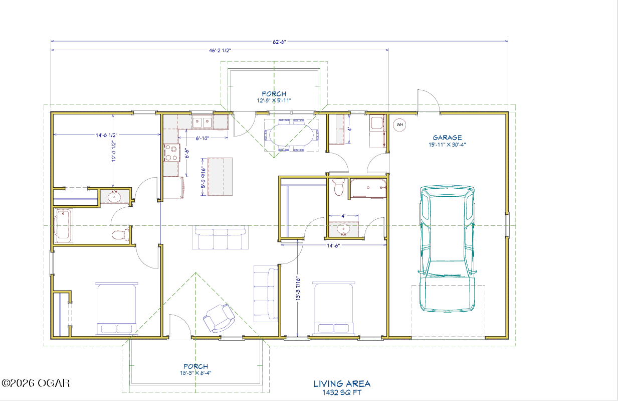 Floor plan showing a 1,432-square-foot home with two porches and an attached garage.