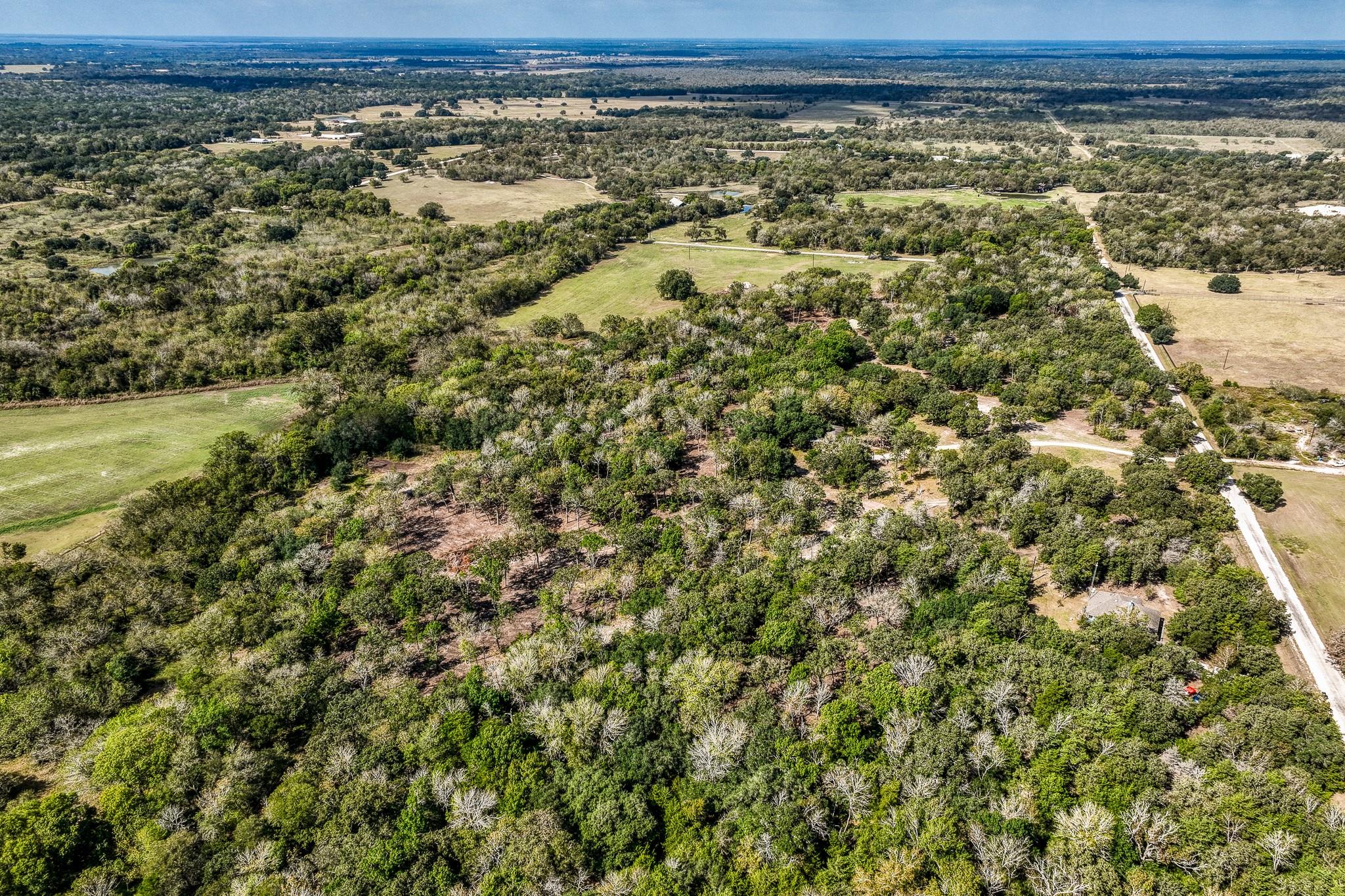 Aerial view of wooded rural land with open fields and an unpaved road.