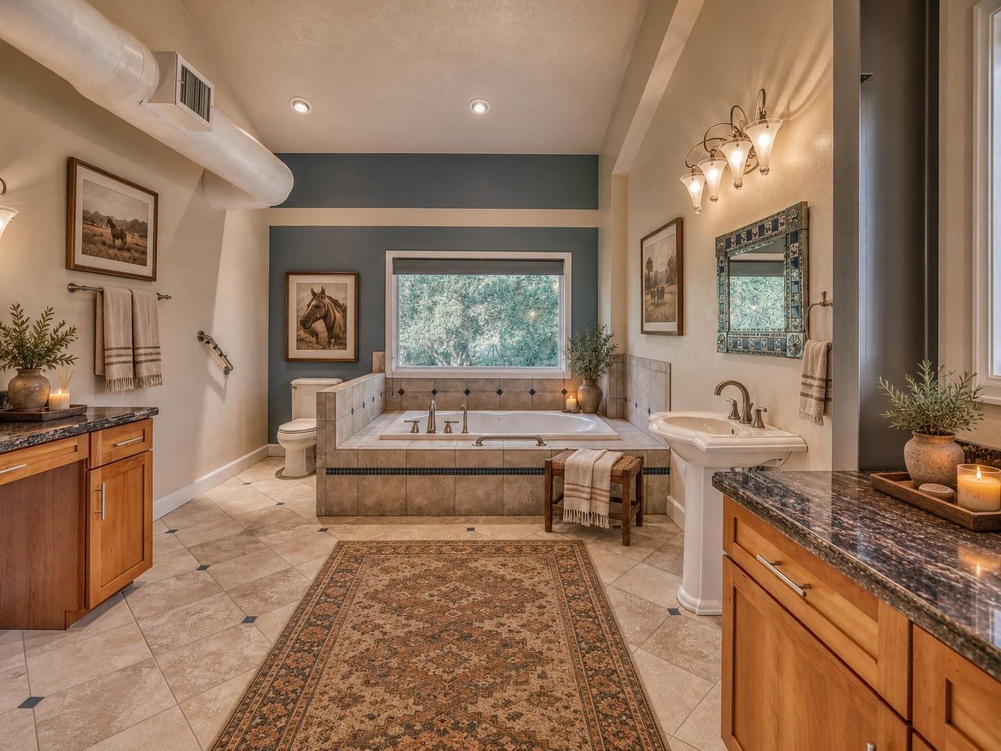 Bathroom with a tiled soaking tub beneath a wide window and horse artwork on the walls.