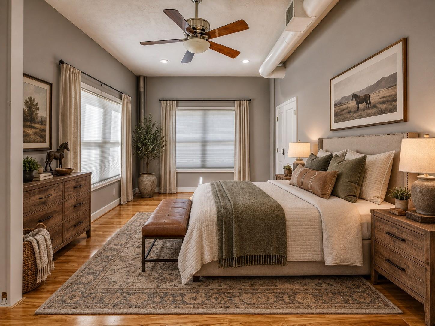 Staged bedroom with a large cream-and-olive bed, hardwood floors, wood furniture, and a ceiling fan.