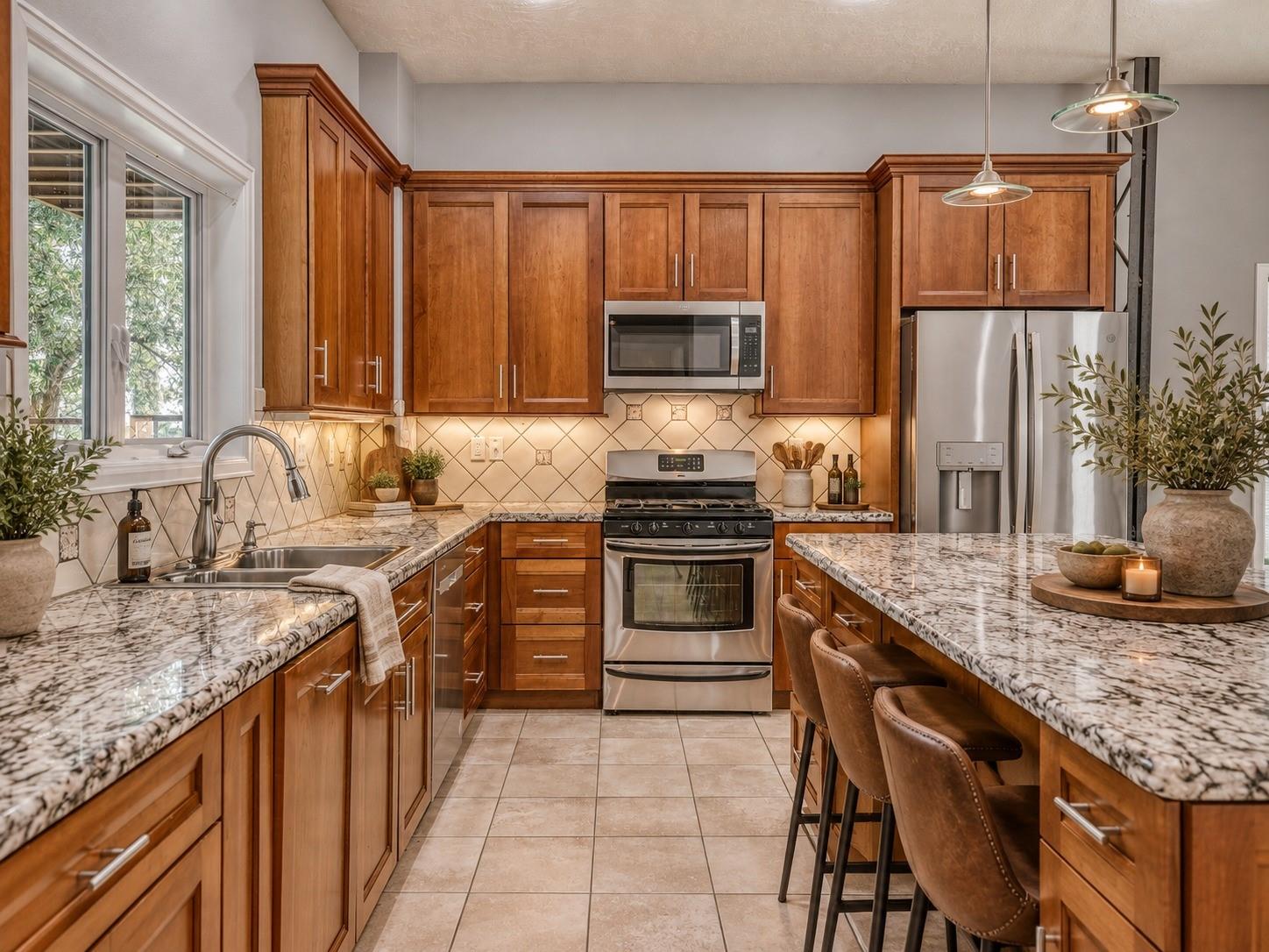 Kitchen with wood cabinets, stone counters, stainless steel appliances, and a breakfast bar with stools.