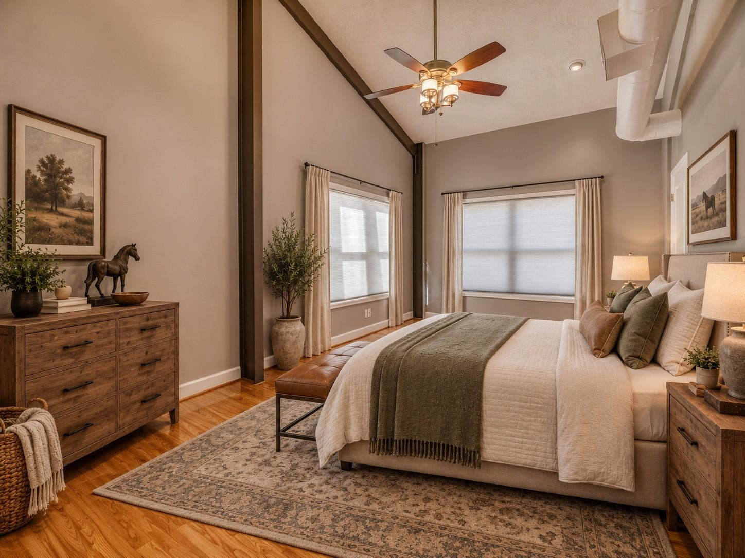 Bedroom with a large bed beneath a vaulted ceiling with exposed beams and a ceiling fan.