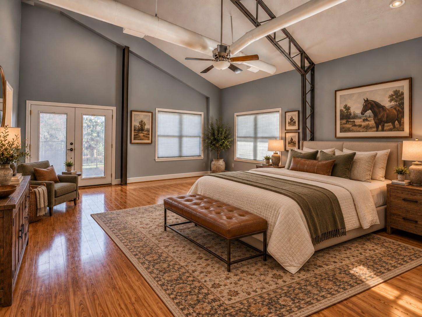 Furnished bedroom with a large bed, leather bench, hardwood floors, and exposed ceiling ductwork.