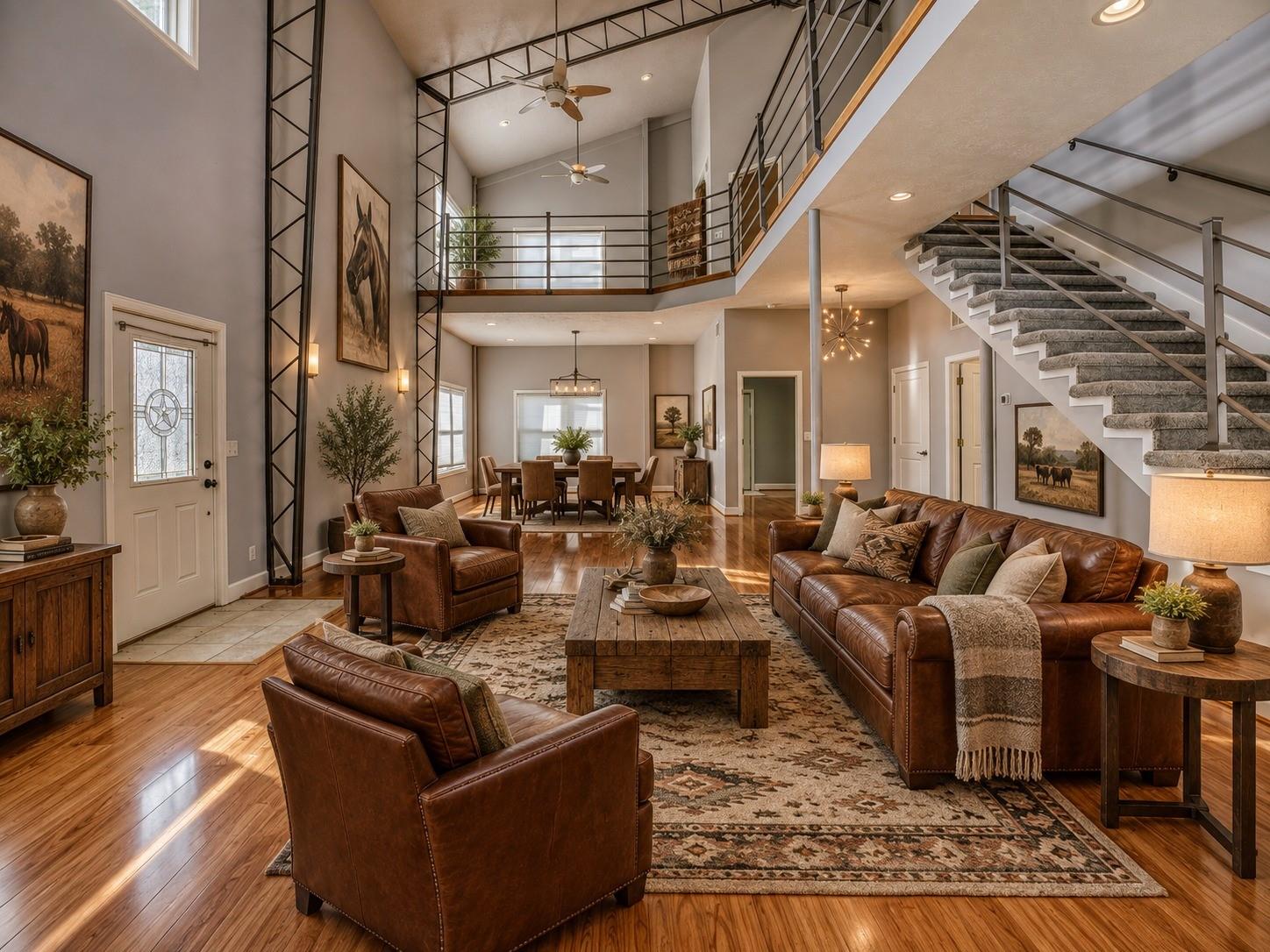 Double-height living room with leather seating, a loft railing, and a carpeted staircase.