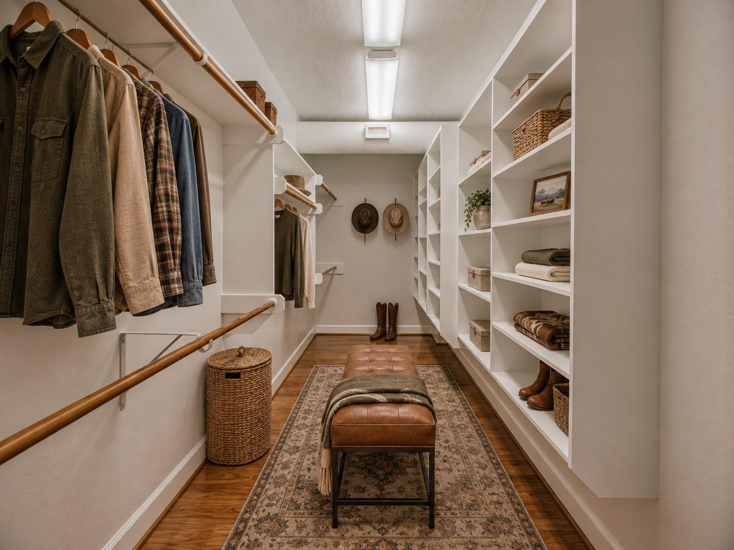 Walk-in closet with built-in shelves, hanging clothes, and a leather bench on a patterned rug.