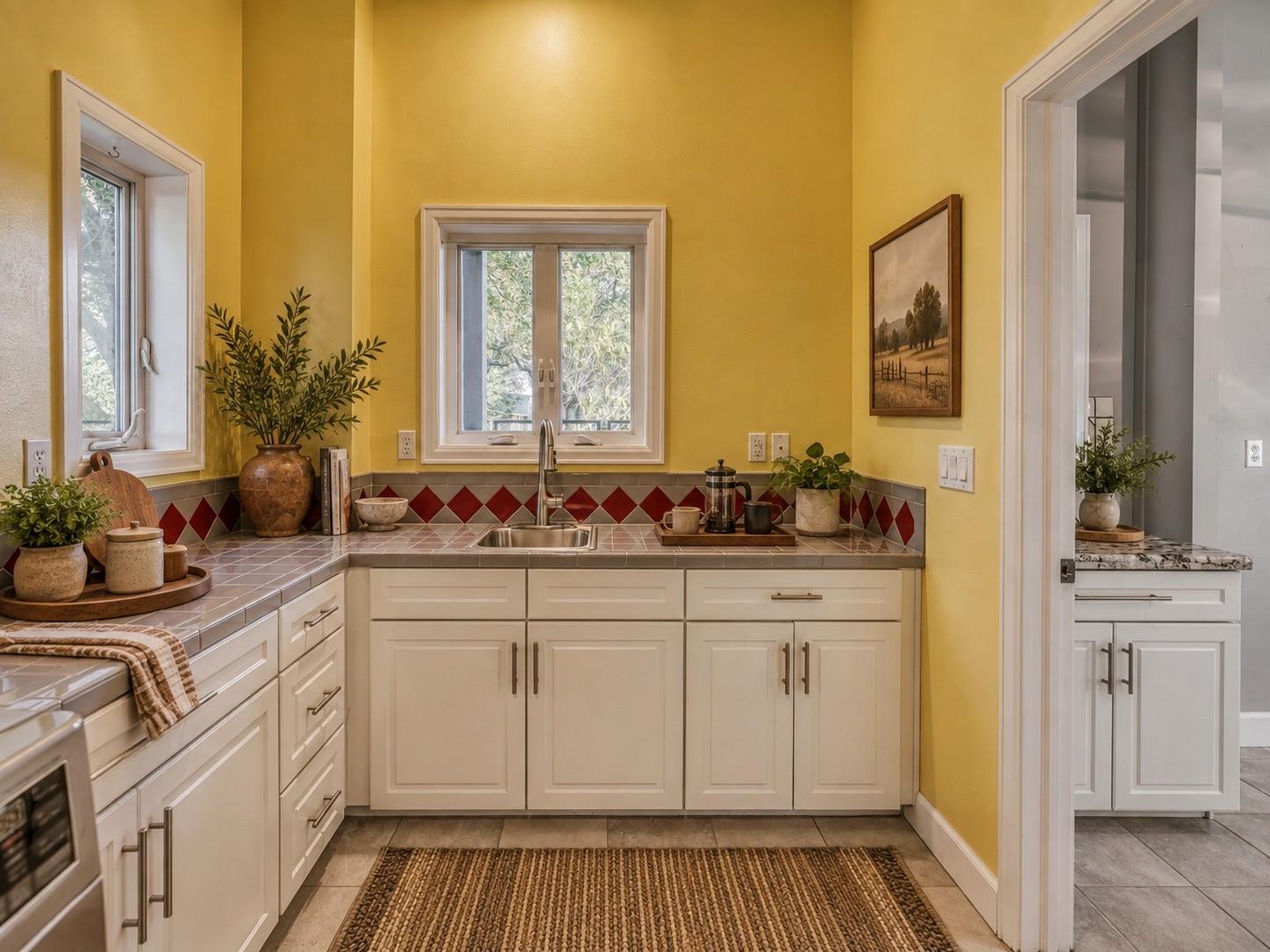 Kitchen with cream cabinets, red diamond-pattern backsplash, tiled counters, and windows above the sink.