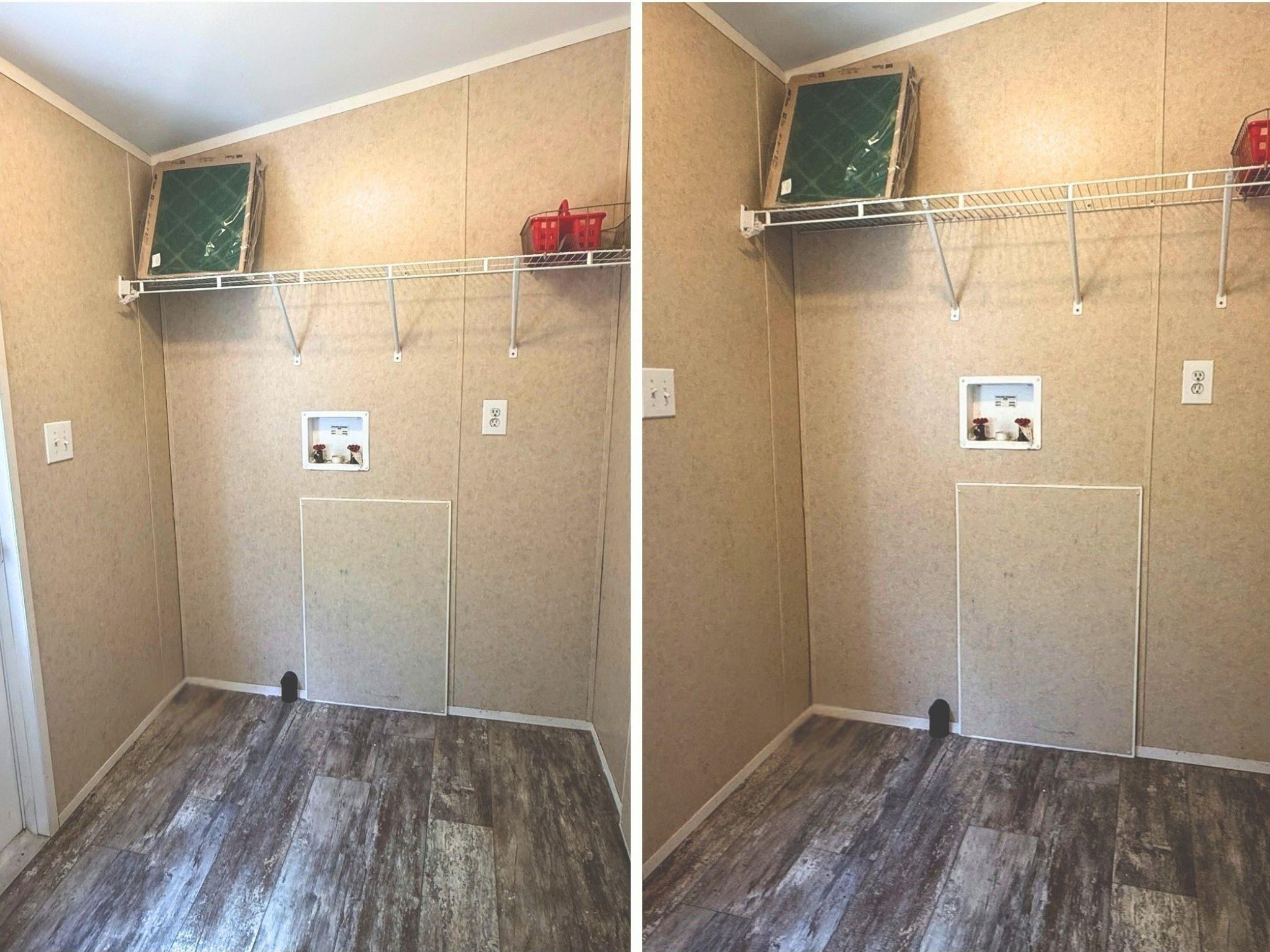 Laundry room with washer hookups, a wire shelf, and dark wood-look flooring.