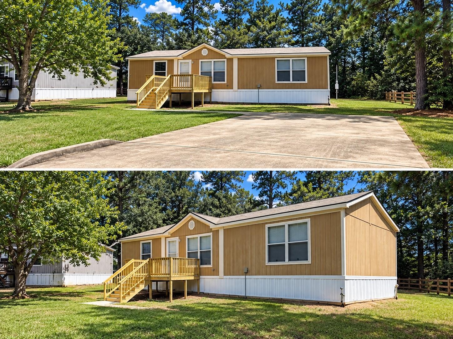 Tan manufactured home with a raised wooden porch, broad driveway, and tree-shaded lawn.