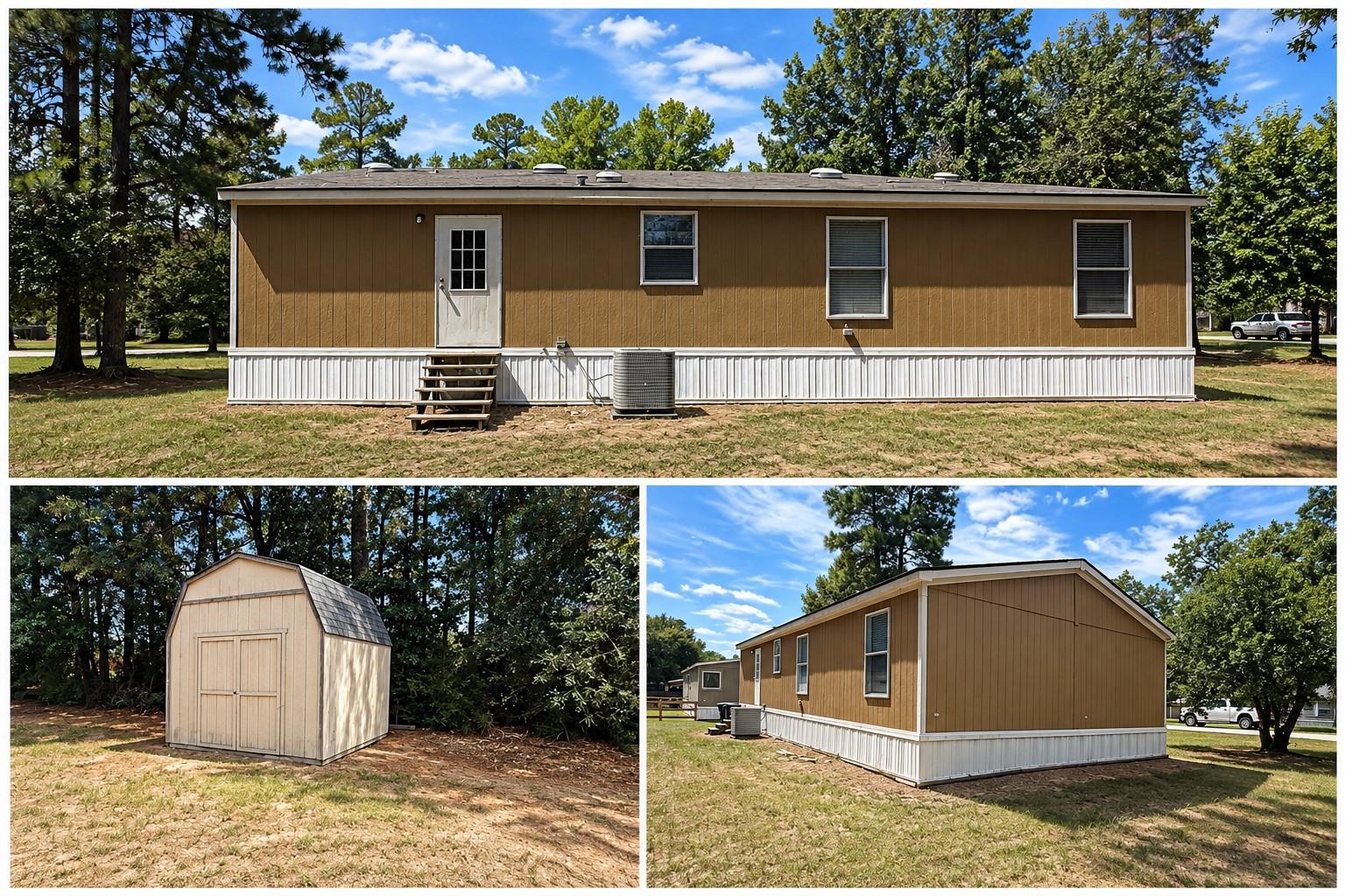 Brown manufactured home with white skirting and a detached storage shed on a tree-lined lot.
