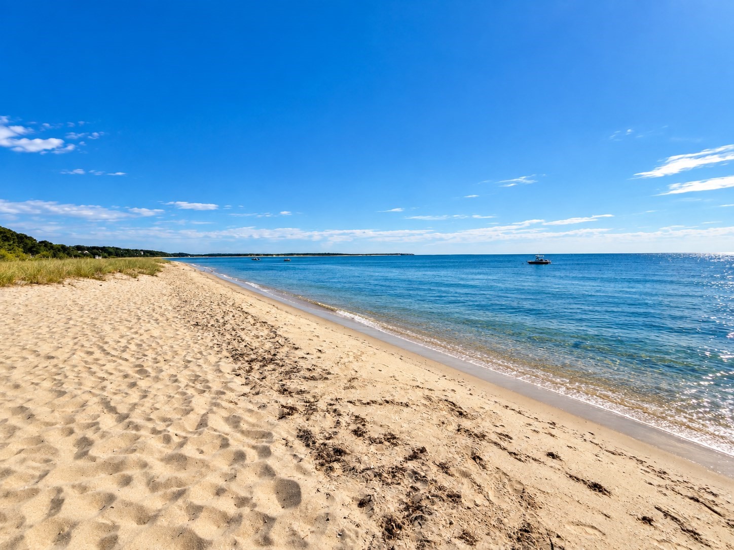 Sandy beach beside calm blue water, with dune grass and small boats offshore.