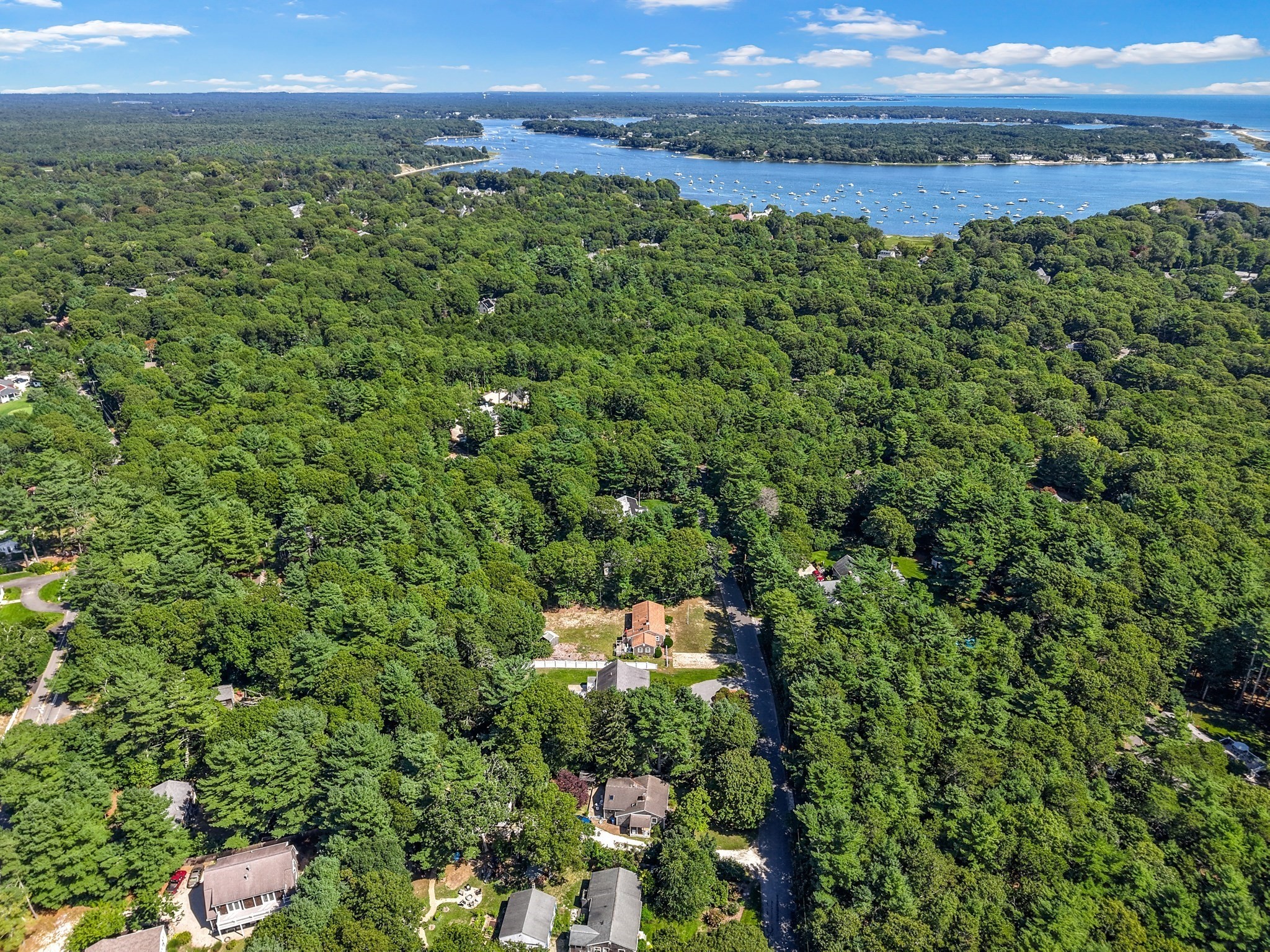 Aerial view of a wooded property near a harbor filled with boats.