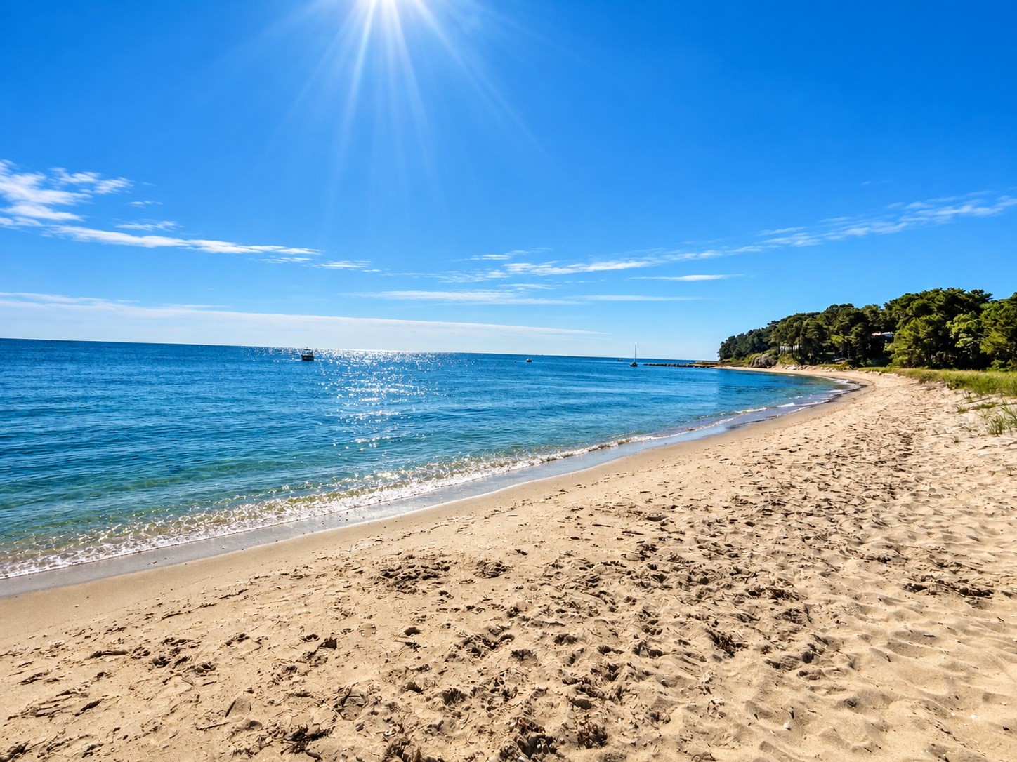 Sandy beach curves beside calm blue water, with boats offshore and a wooded shoreline.