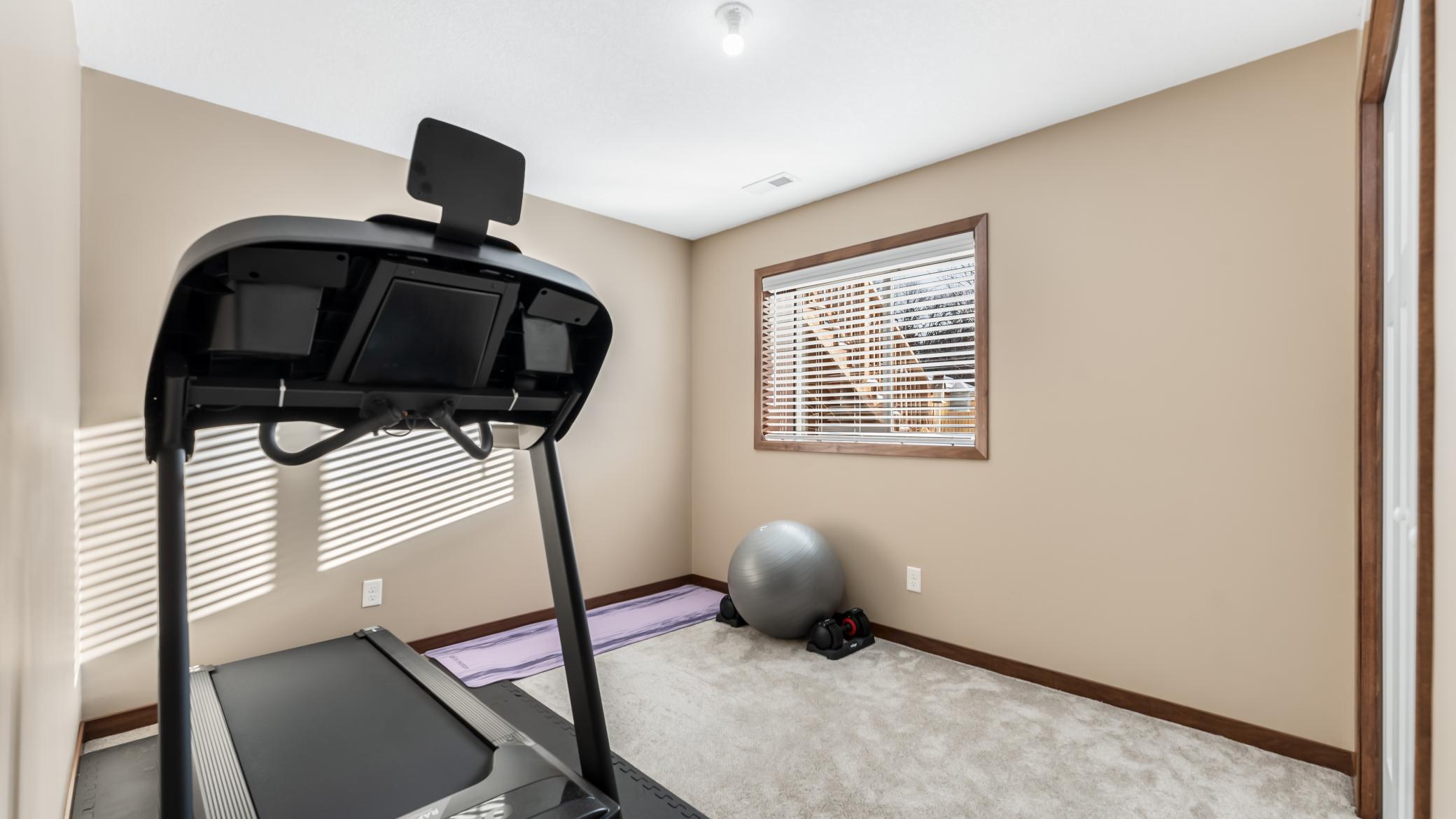 Home exercise room with a treadmill, yoga mat, exercise ball, and weights.