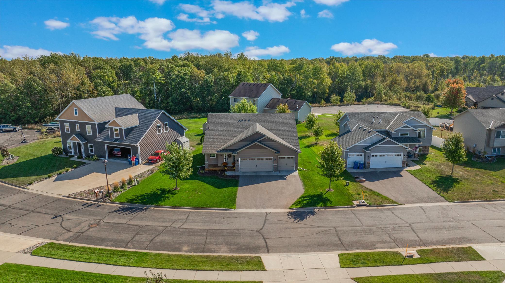 Aerial view of detached homes along a residential street, with green lawns and woods behind them.
