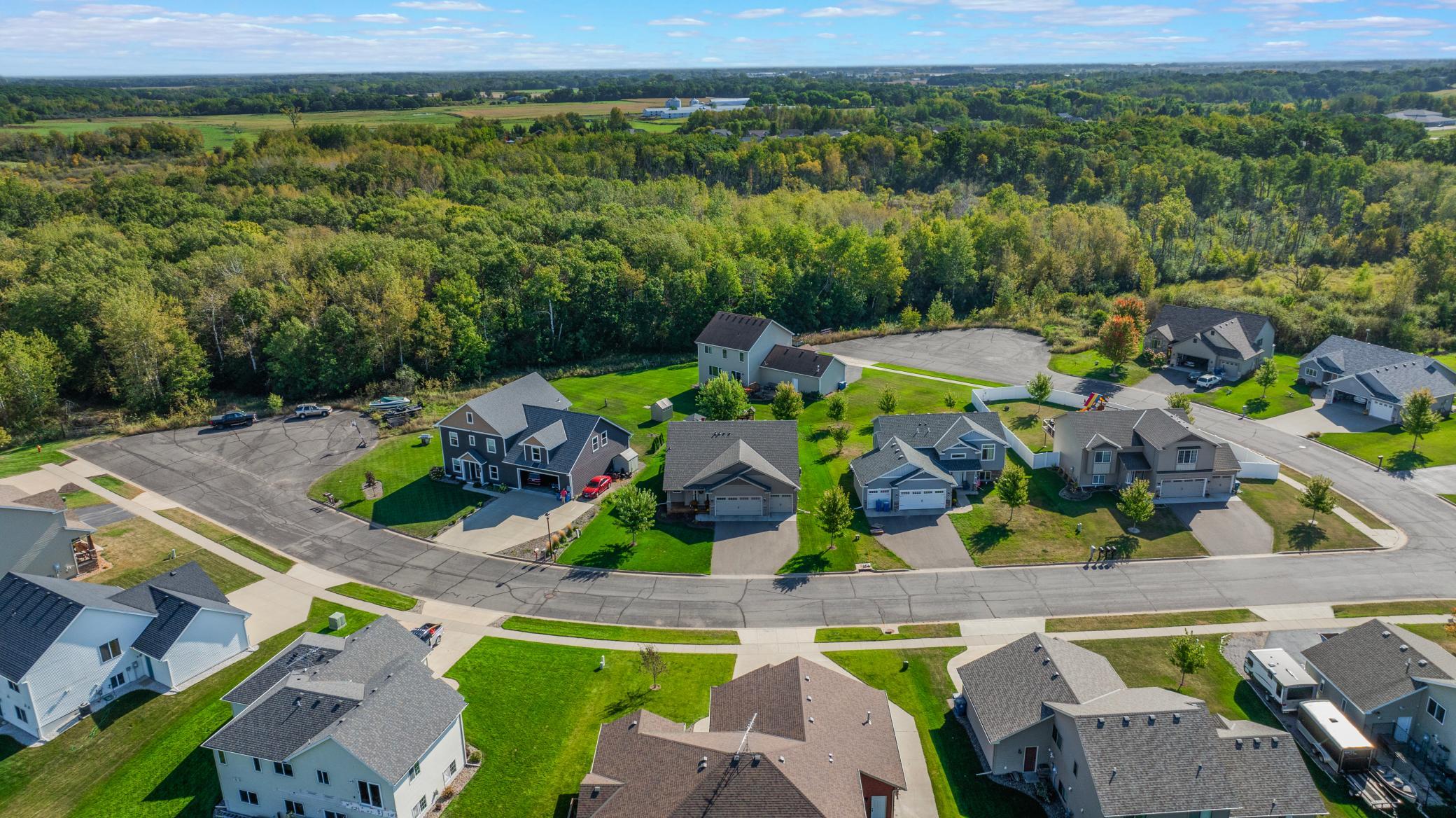 Aerial view of homes along a curved street beside a broad wooded area.