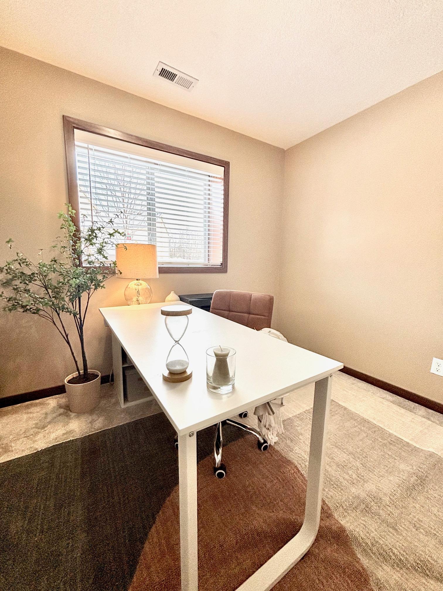 Furnished home office with a white desk, brown chair, and potted plant beside a window.
