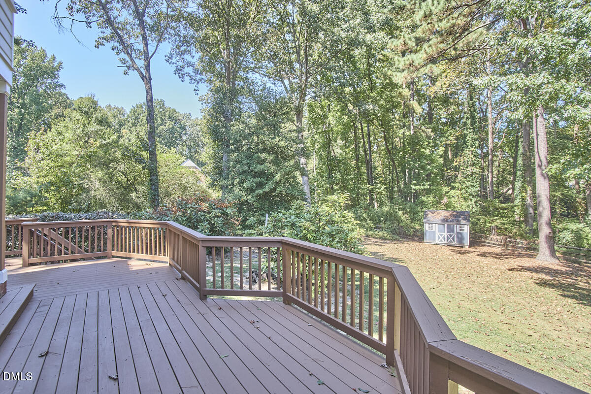 Raised deck overlooking a wooded backyard with a small gray shed.