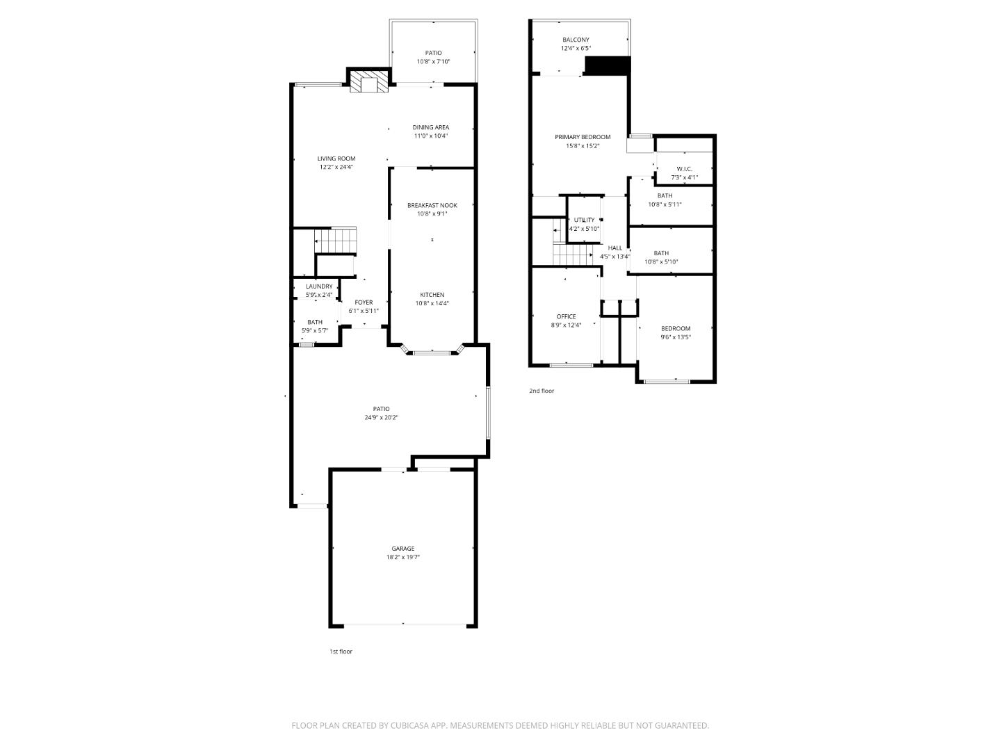 Two-story floor plan with labeled rooms, dimensions, patios, balcony, and garage.