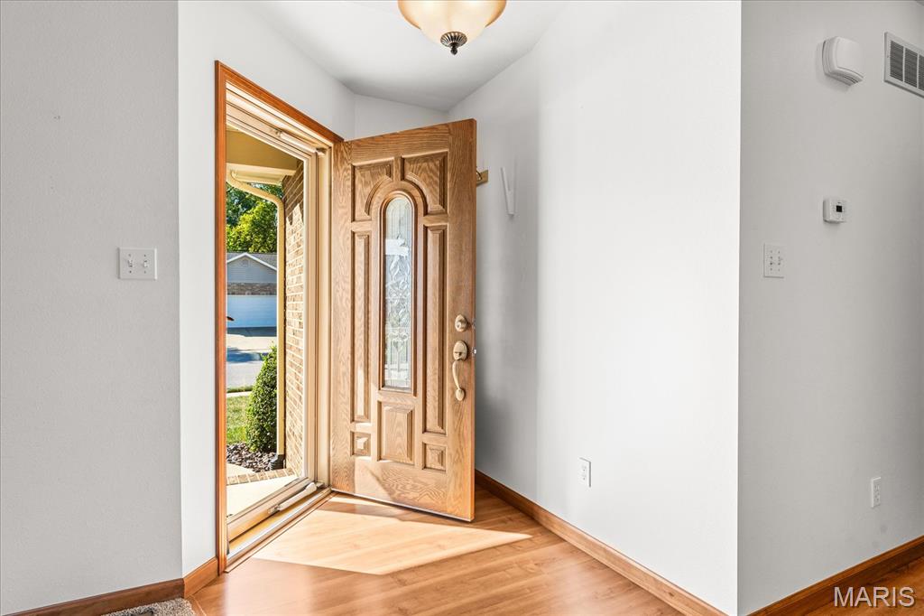 Empty entry foyer with an open wooden front door, full-height sidelight, and sunlit hardwood floor.
