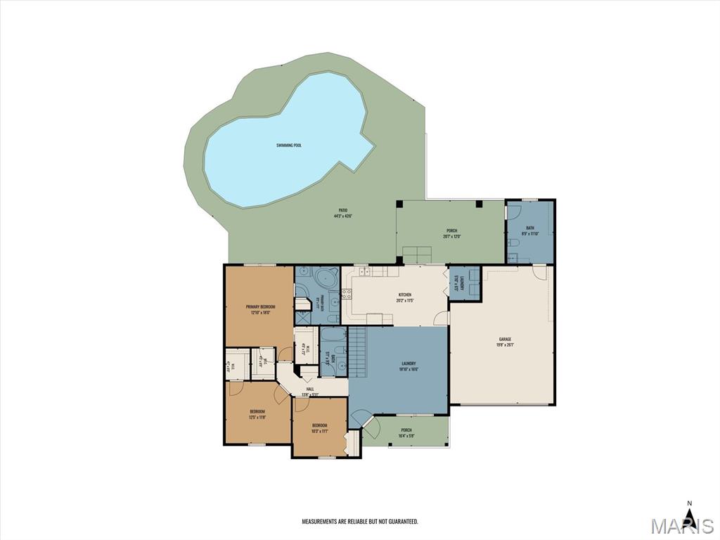 Floor plan showing three bedrooms, kitchen, laundry, garage, patios, and swimming pool.