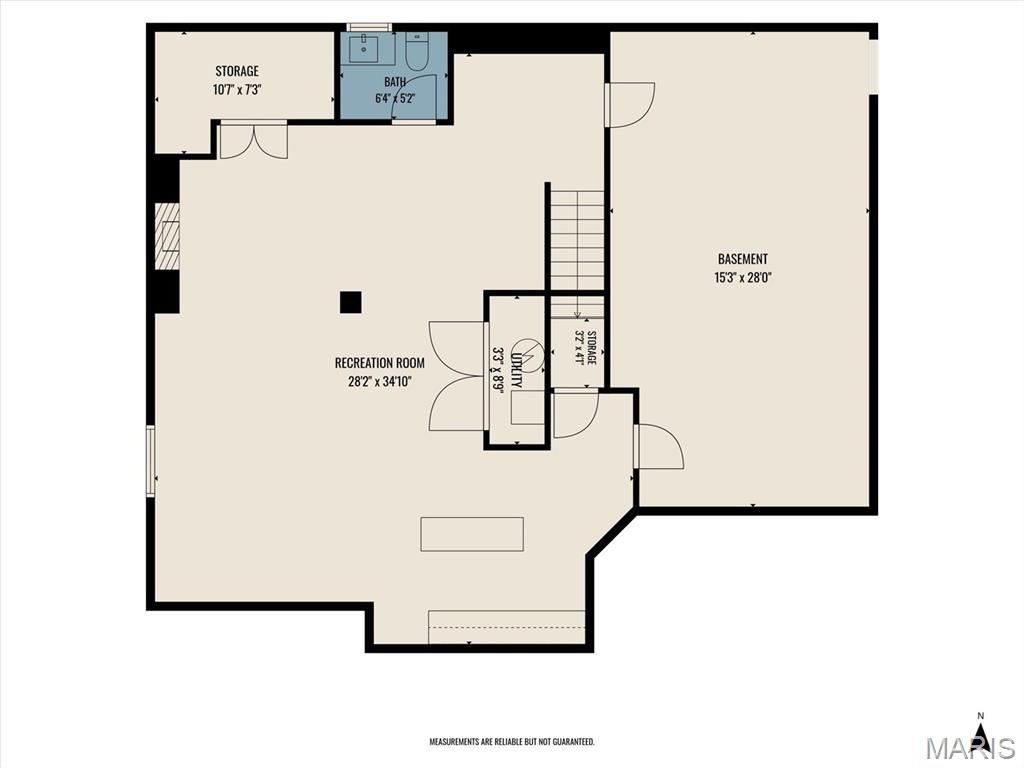 Basement floor plan with a large recreation room, separate basement area, bathroom, storage, and stairs.