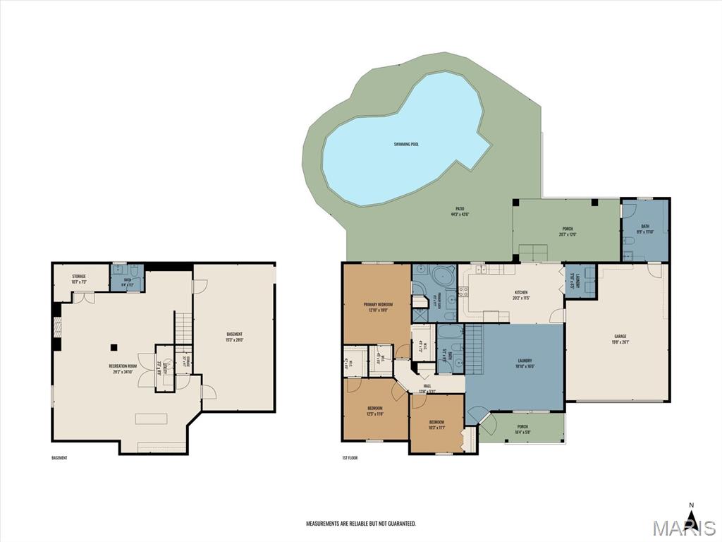 Floor plan showing the basement and first floor, with a garage, patio, and swimming pool.