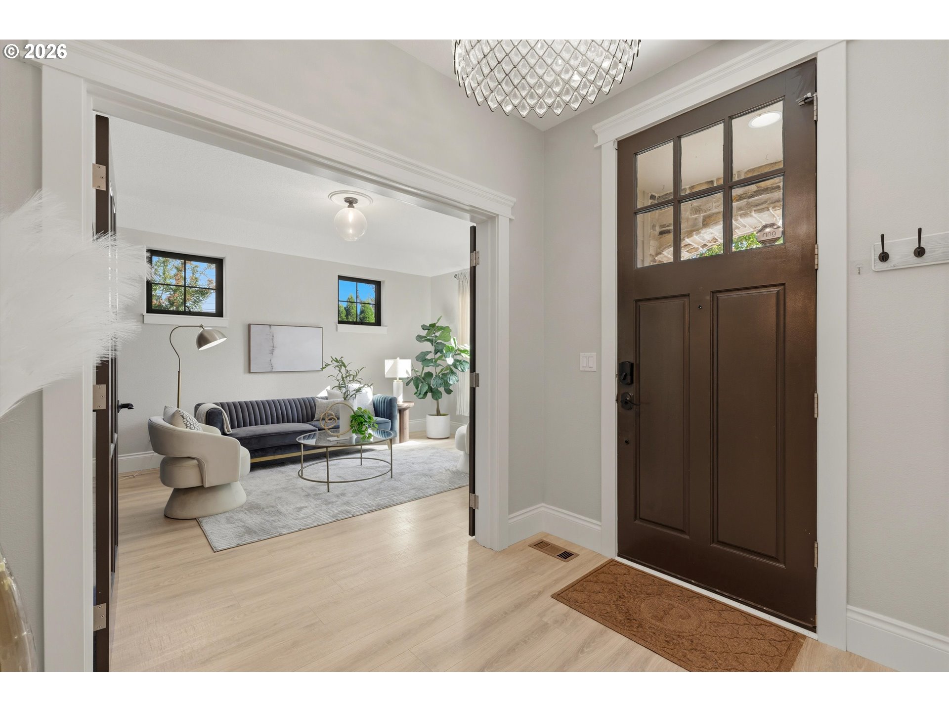 Staged entryway with a dark paneled front door and a view into the living room.