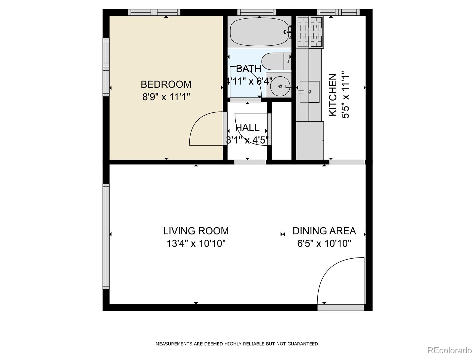 Floor plan showing the unit’s bedroom, bathroom, kitchen, living room, and dining area with dimensions.