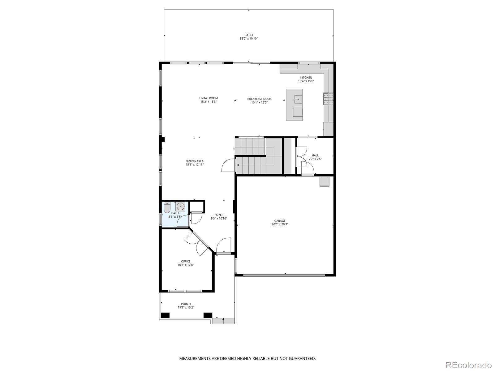 First-floor plan with open living, dining and kitchen areas, an office, garage, patio and porch.