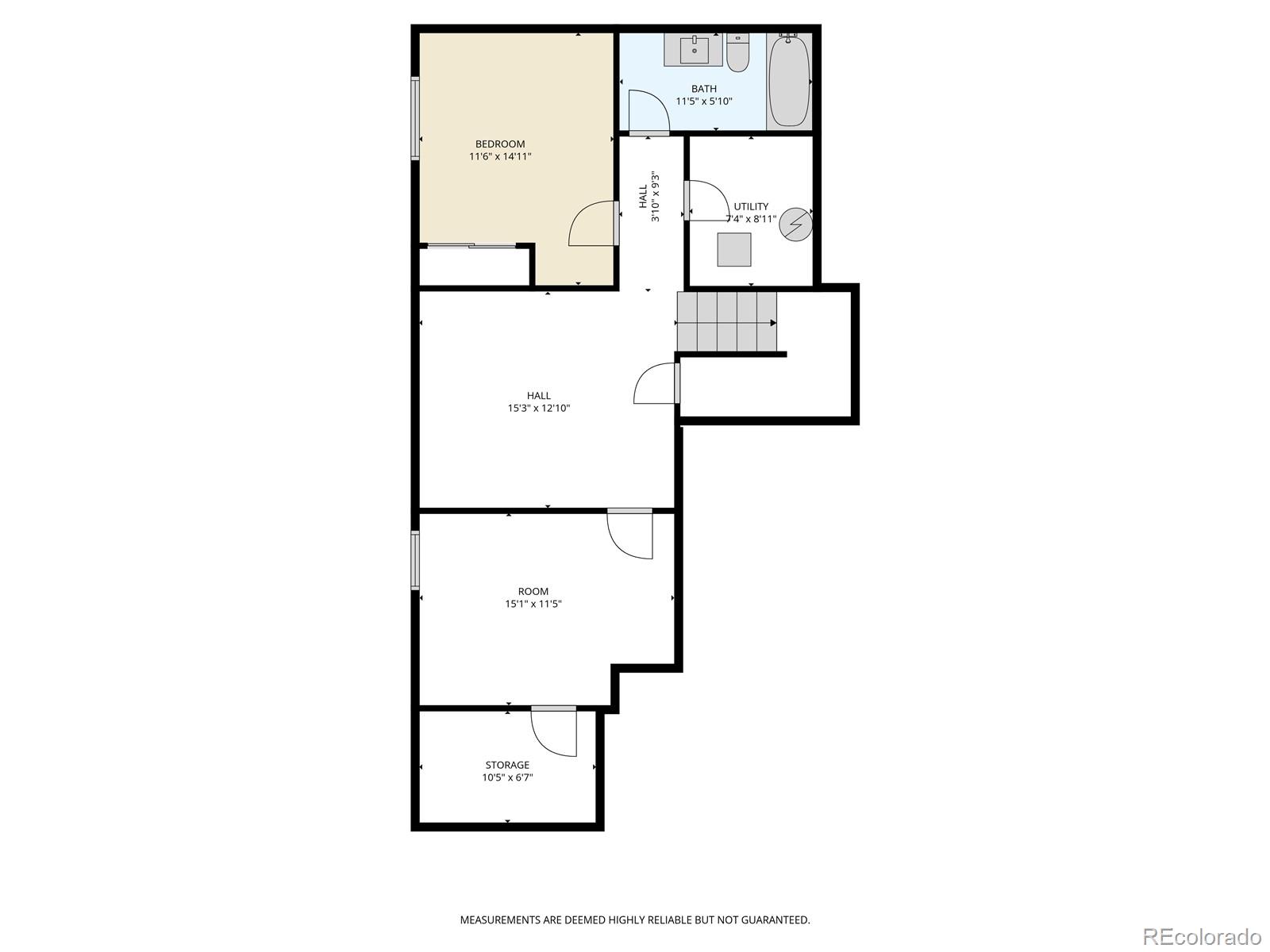 Floor plan with a bedroom, bathroom, utility room, halls, room, and storage, labeled with dimensions.