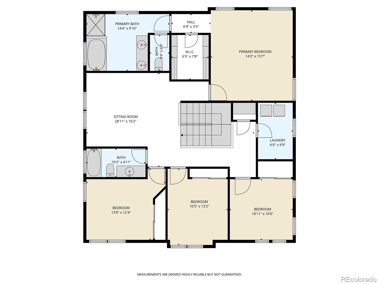 Floor plan showing a primary suite, three bedrooms, sitting room, bathrooms, laundry, and central stairs.
