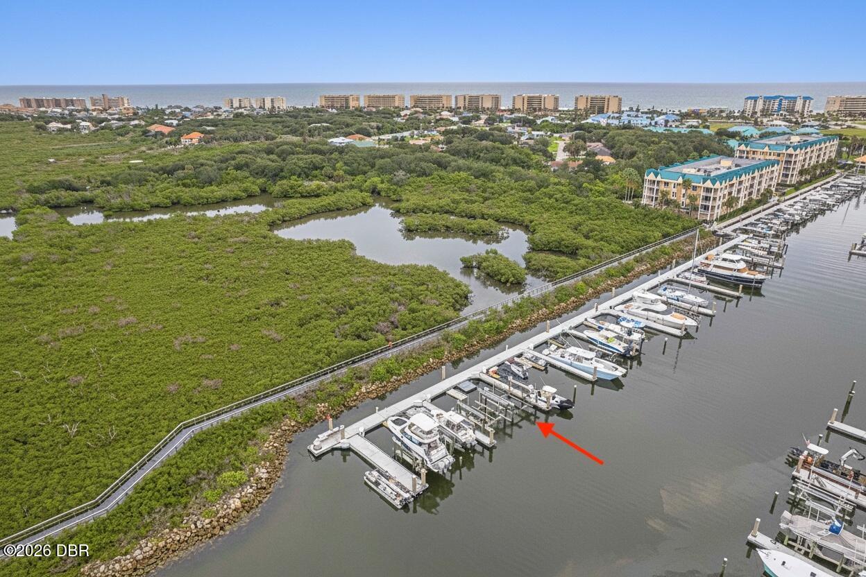 Aerial view of a marina beside a mangrove preserve, with a red arrow pointing to a boat slip.