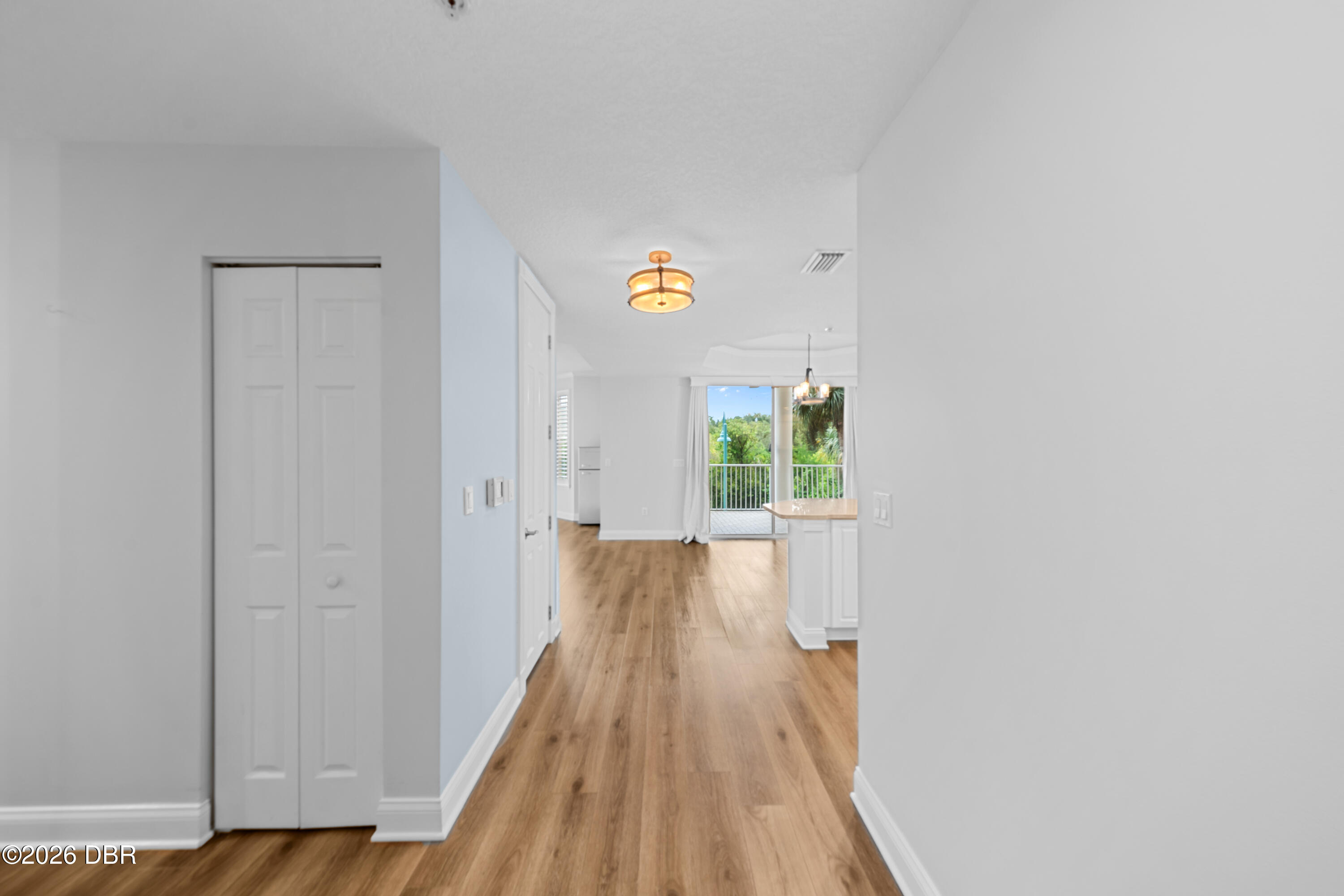 Entry hall with wood-look floors leading to a bright living area and balcony doors.