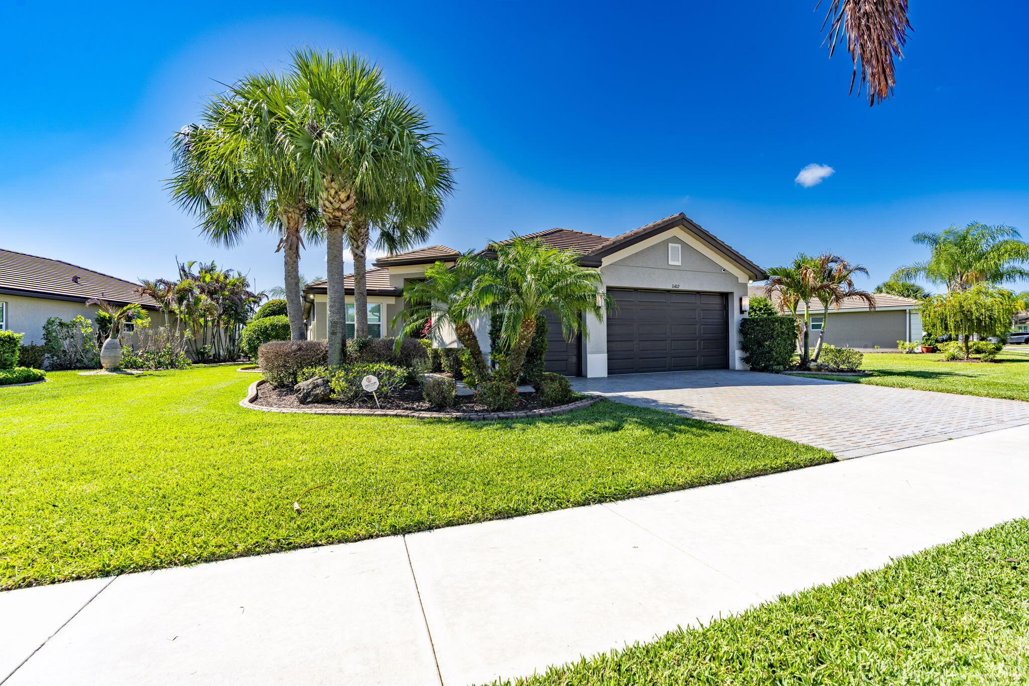 Single-story home with a dark double garage door, palm trees, and a landscaped front lawn.