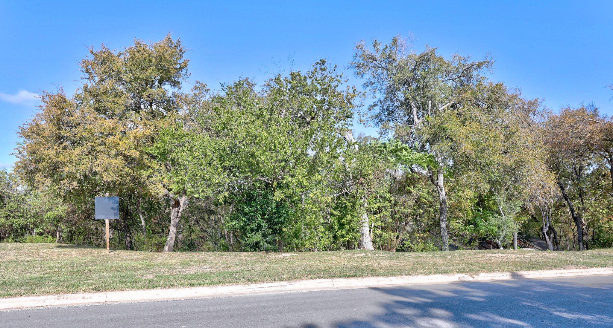 Wooded vacant lot with mature trees and grassy roadside frontage.