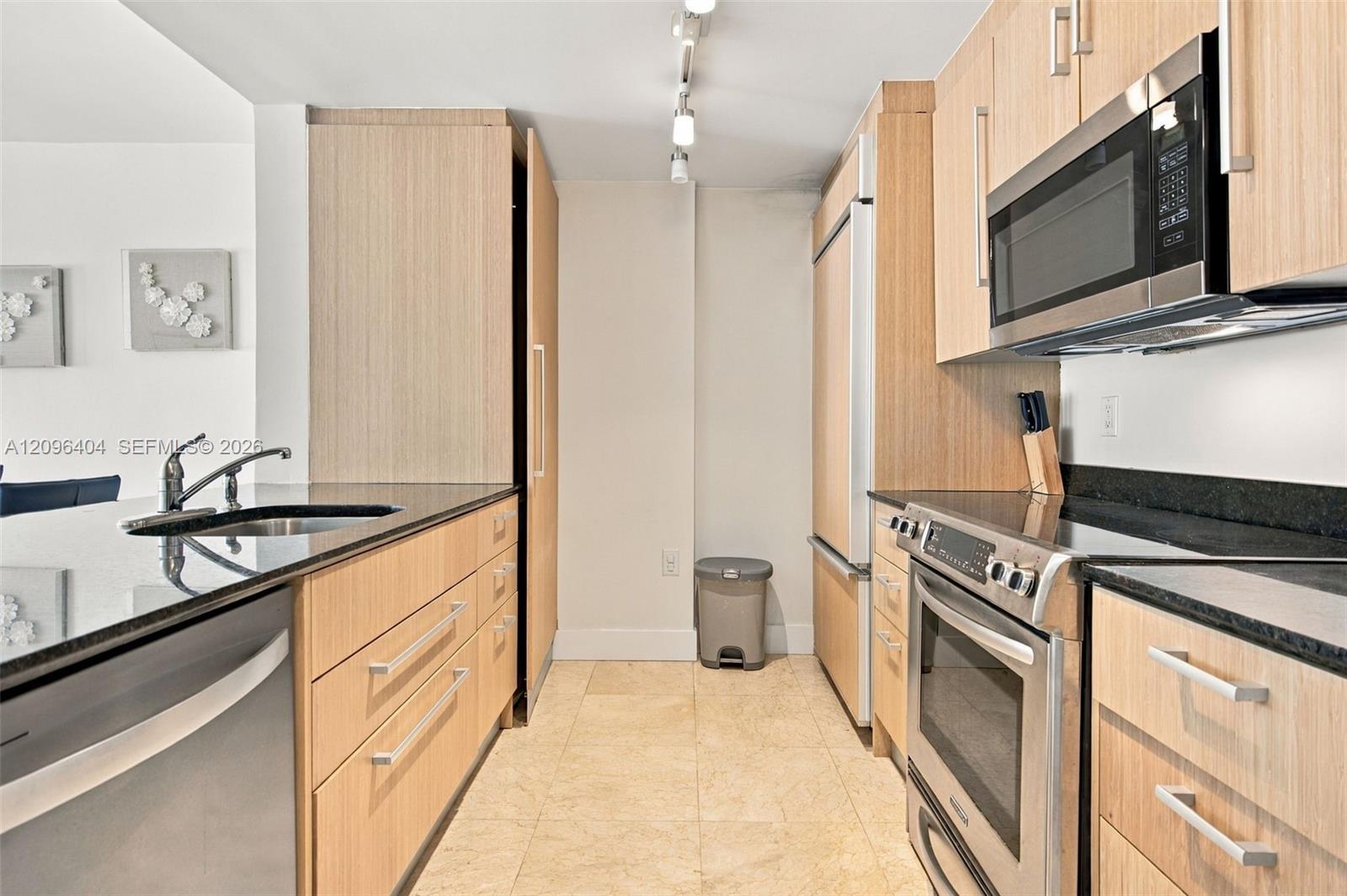 Modern condo kitchen with light wood cabinetry, black countertops, and stainless steel appliances.
