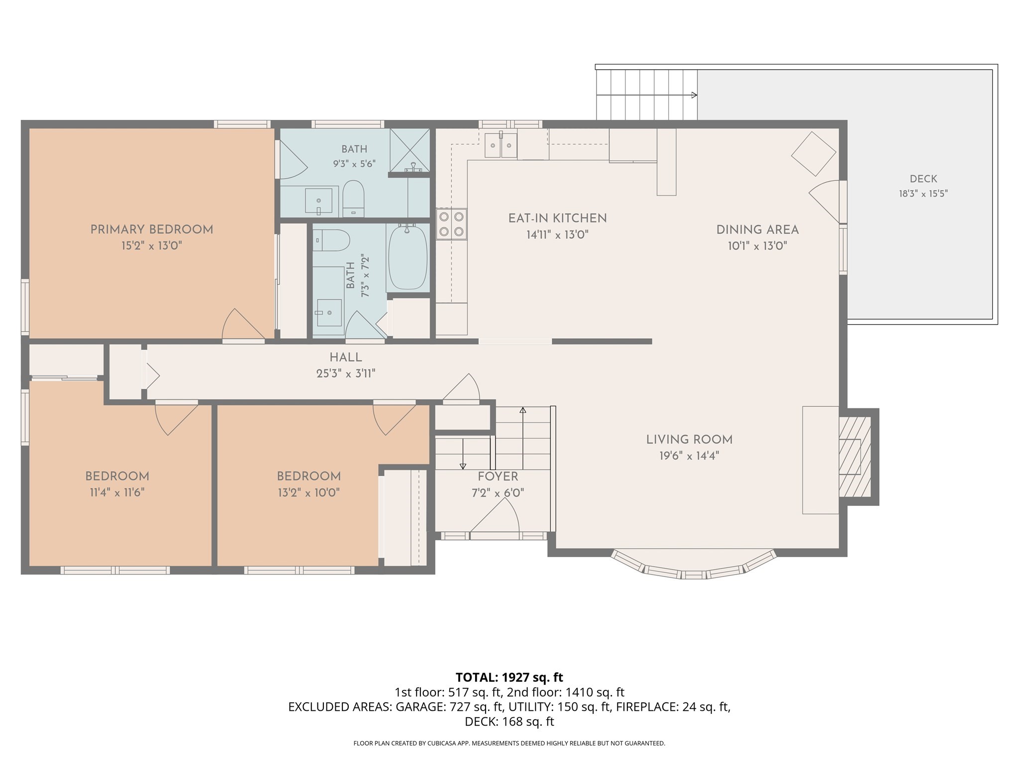 Floor plan showing three bedrooms, two bathrooms, living room, eat-in kitchen, dining area, and deck.