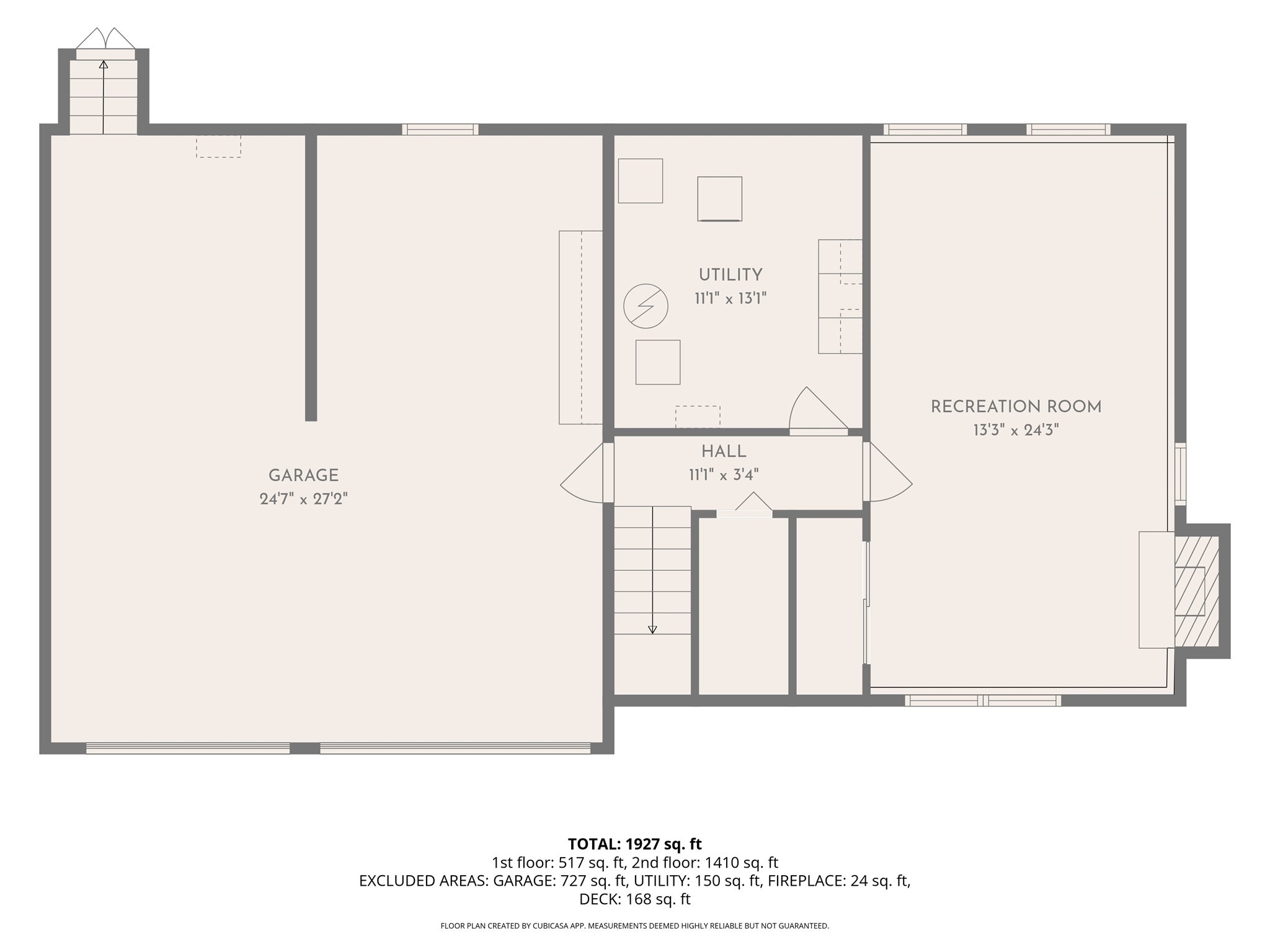 Floor plan showing a garage, utility room, recreation room, hall, and 1,927 square feet total.