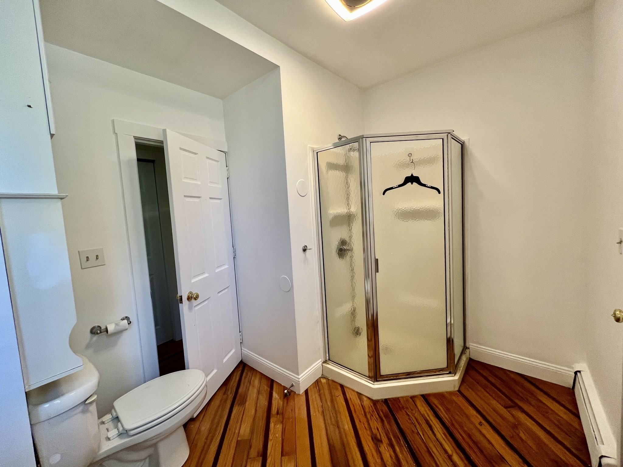 Bathroom with a glass corner shower, toilet, pedestal sink, and warm wood plank flooring.
