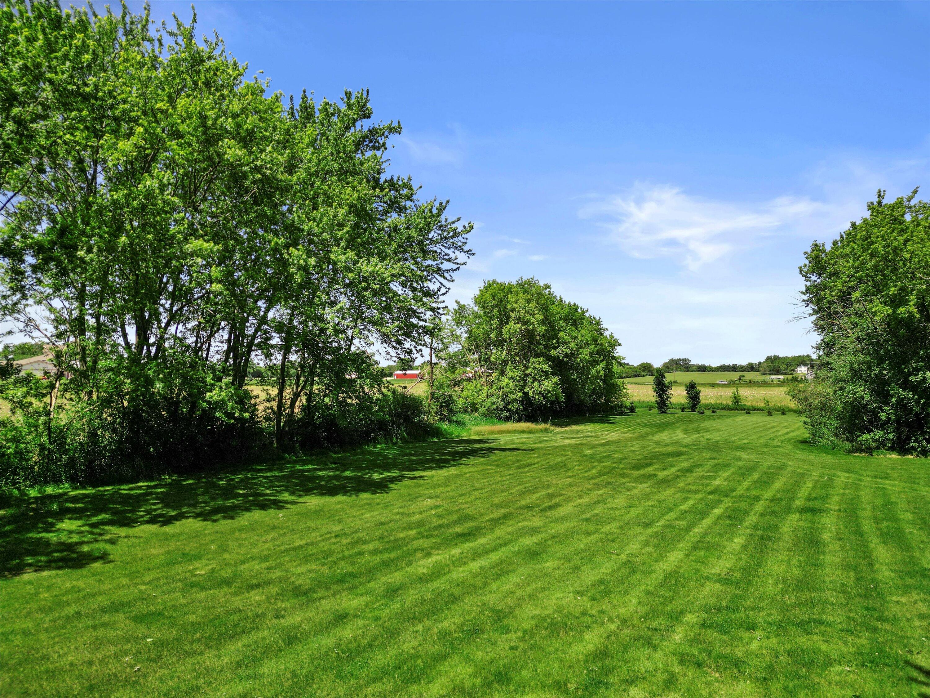Expansive mowed lawn bordered by mature trees, with open fields in the distance.