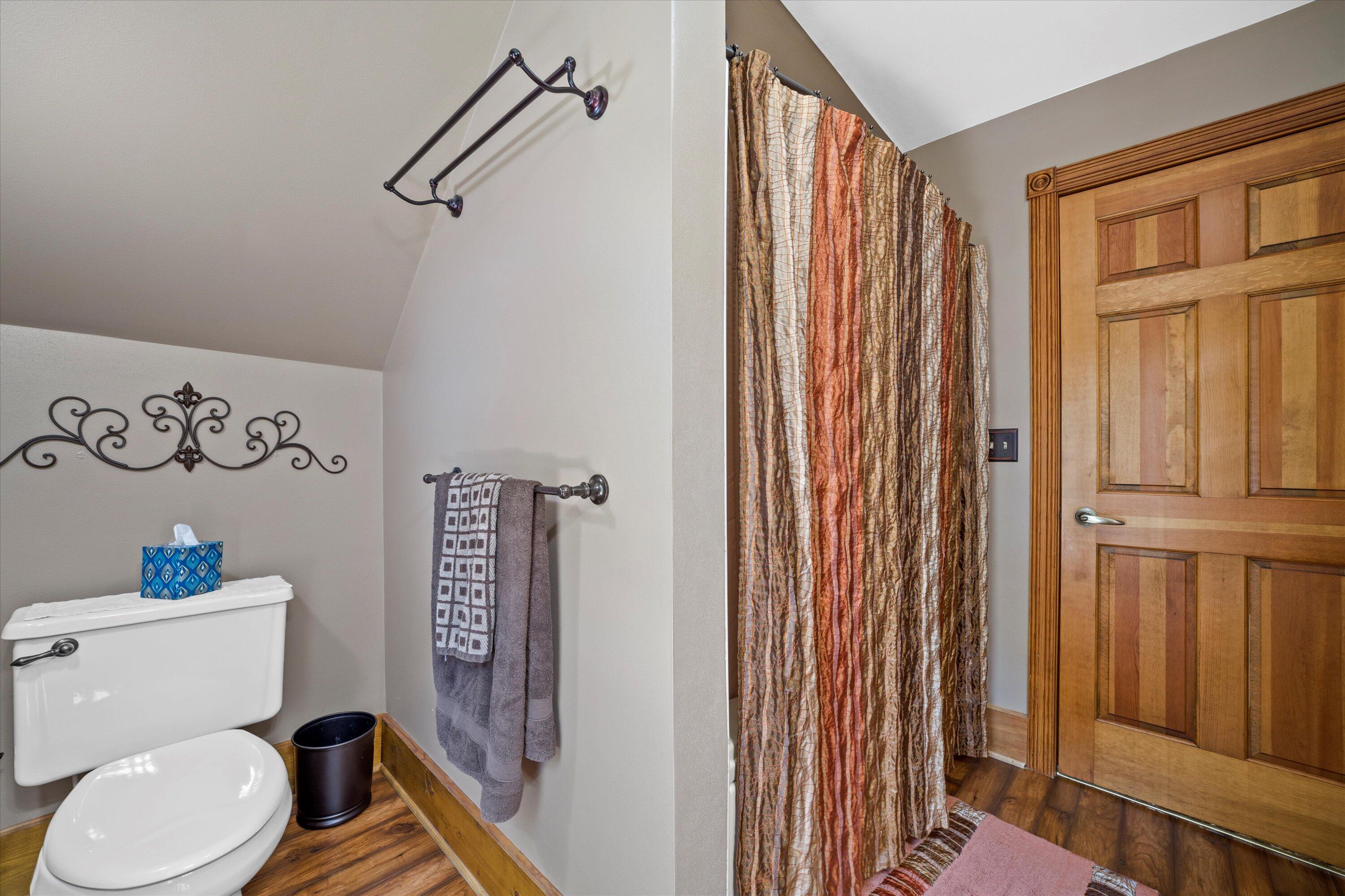 Bathroom with a patterned shower curtain, wooden door, and white toilet.