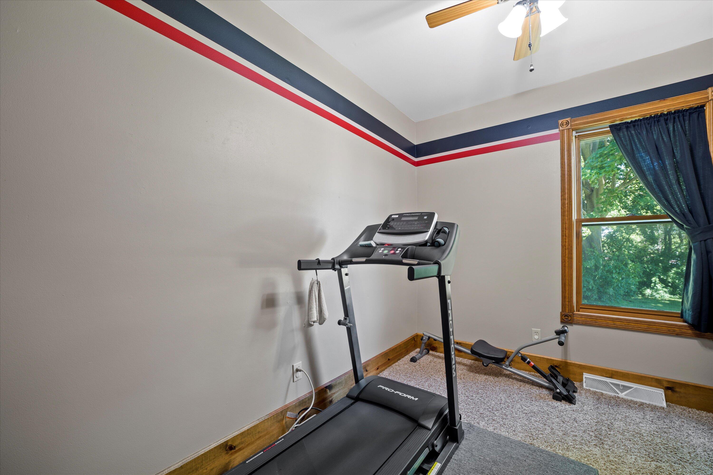 Home exercise room with a treadmill, rowing machine, and window overlooking trees.