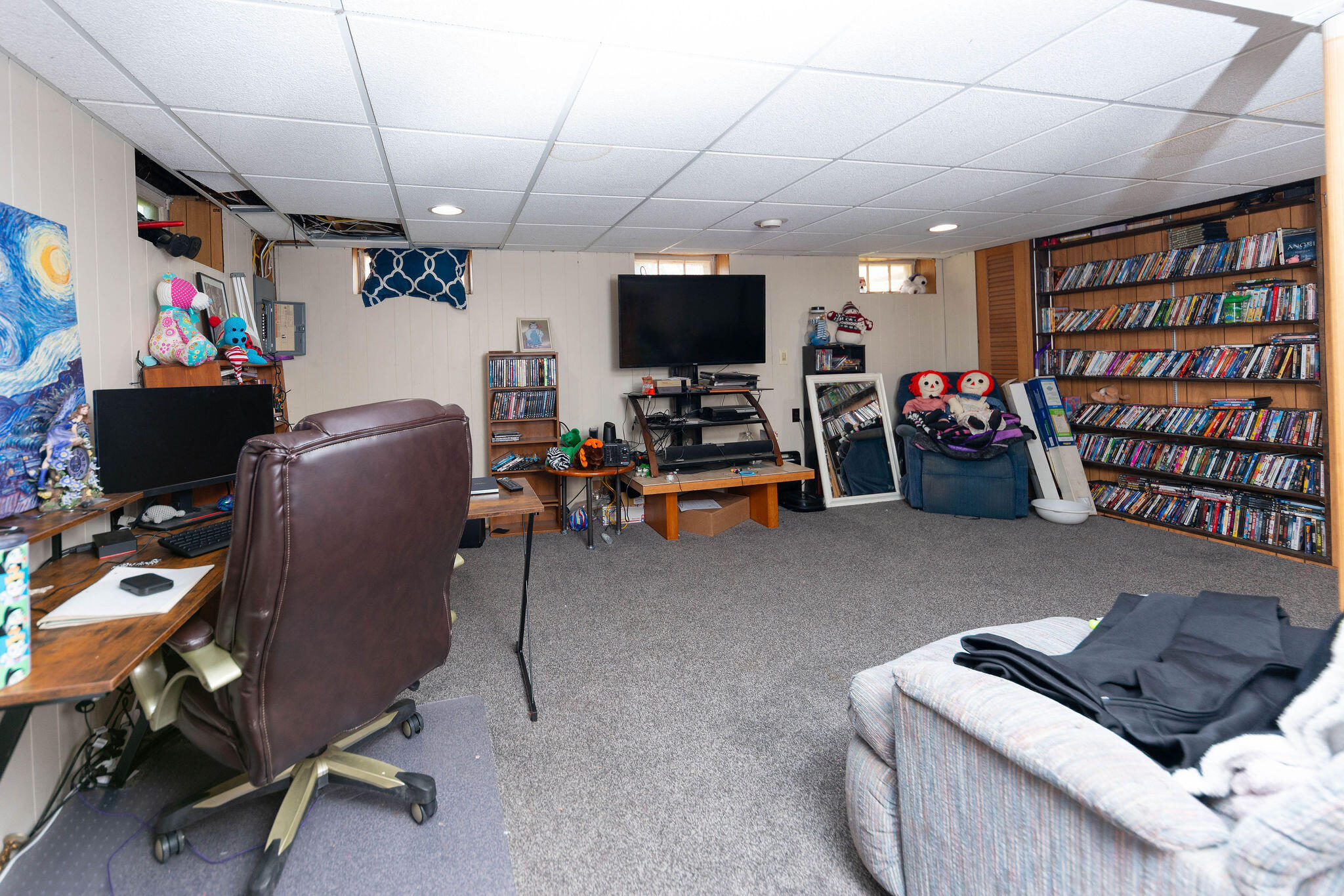 Basement recreation room with wall-length DVD shelves, gray carpet, and a partially open drop ceiling.