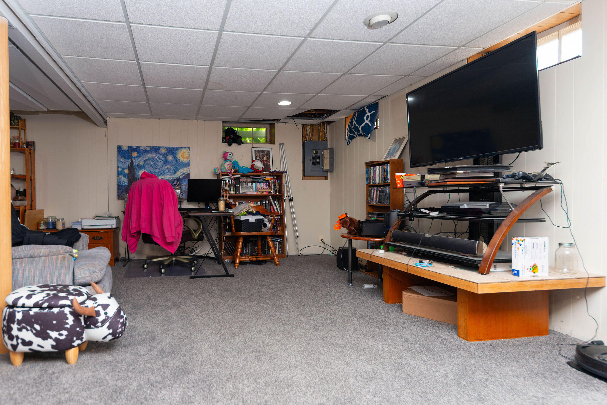 Basement family room with a large television, gaming equipment, gray carpet, and crowded shelves.