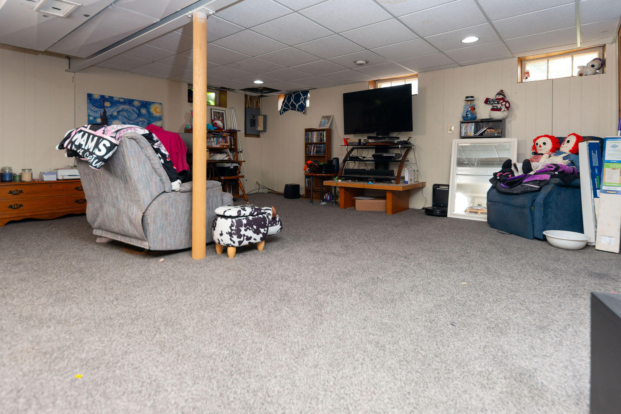 Furnished basement rec room with gray carpet, seating, television, and entertainment shelves.