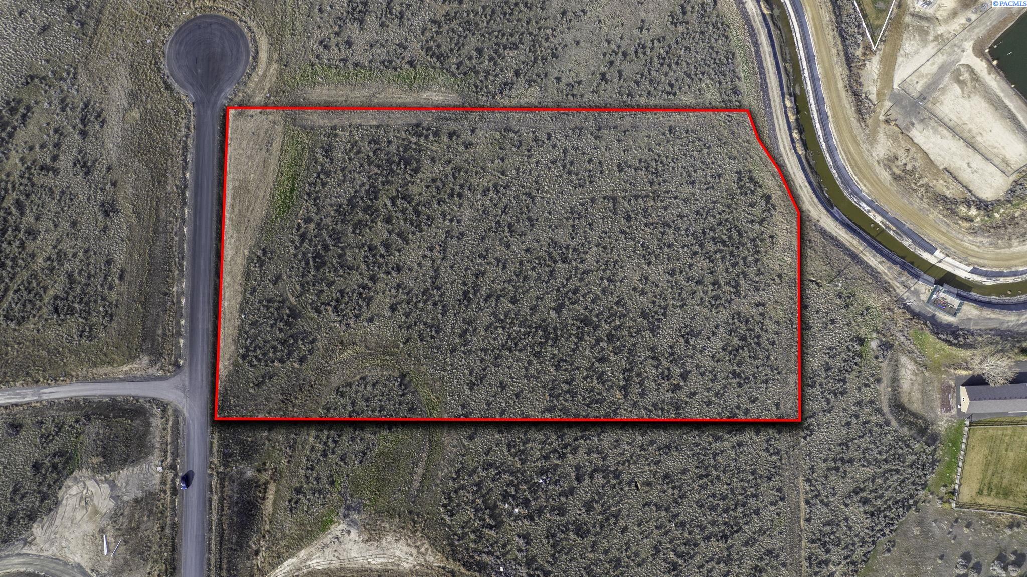 Vacant scrub-covered parcel outlined in red beside a paved road.