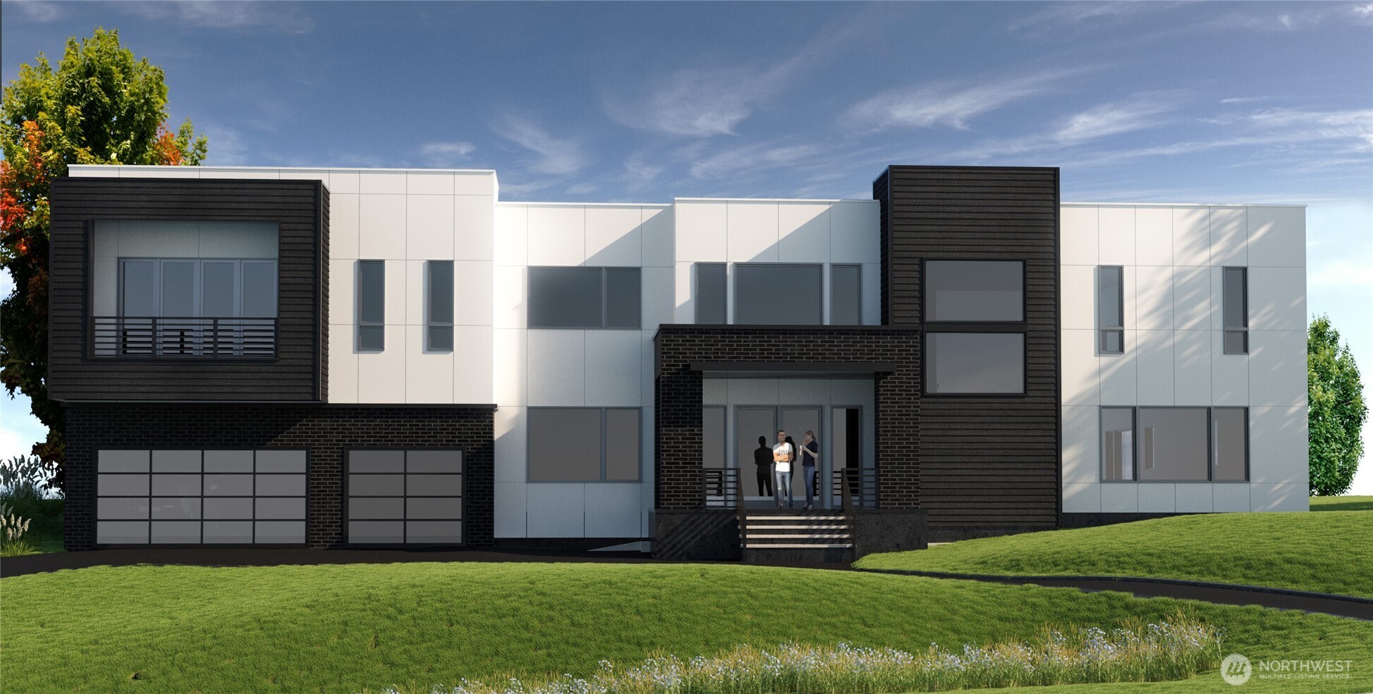 Modern two-story home with white panels, black brick, and three people at the front entrance.