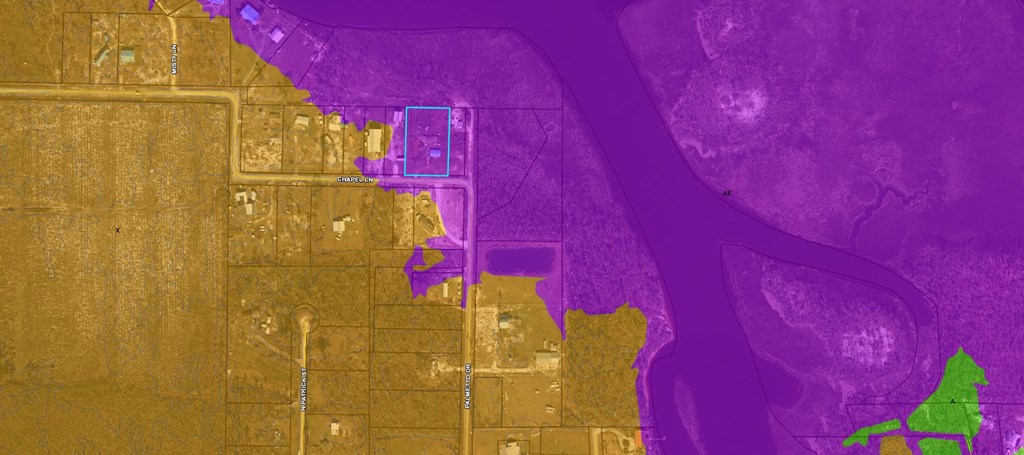Map highlighting a Chapel Ln parcel with a cyan outline and purple and gold shaded overlays.