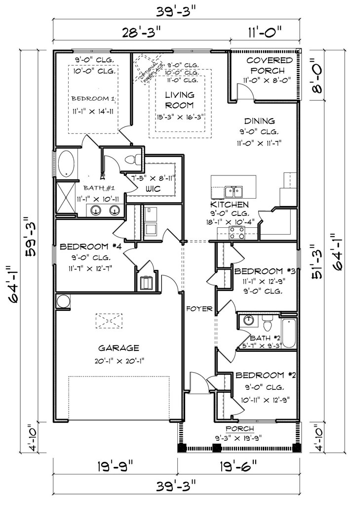 Four-bedroom home floor plan with labeled rooms, dimensions, garage, and front and covered porches.